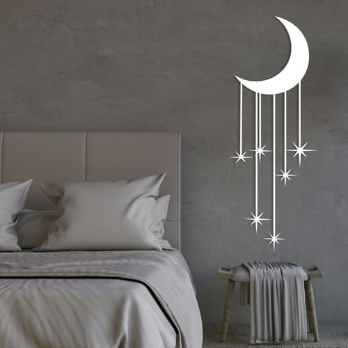 Decoración de Pared de Metal Negro con Luna y Estrellas, Arte Celestial Bohemio de Metal, Escultura Moderna para Sala de Estar, Dormitorio, Pasillo y escaleras (Blanco, 41' de Largo x 4
