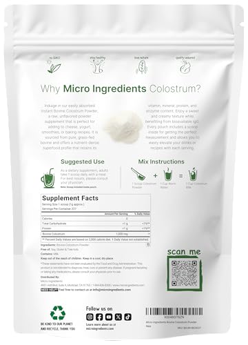 Image of Micro Ingredients Bovine Colostrum Powder, 8 oz | Grass-Fed, Freeze-Dried | Natural IgG & IgA | Supports Immune & Gut Health | Non-GMO, Gluten-Free, Unflavored (Pack of 2)