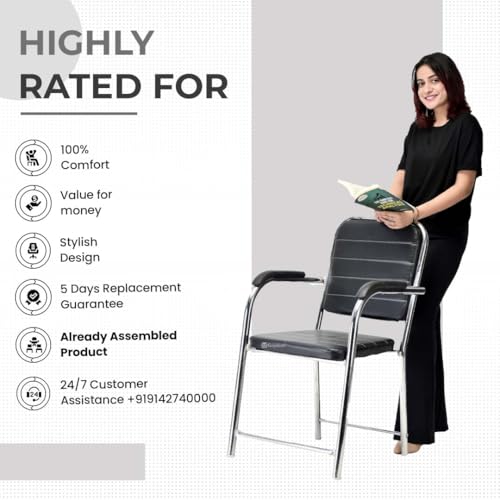 Image of GOYALSON Office Chair Visitor with arm Rest with Steel Frame and Cushioned seat Back Chair Without Wheels Chair (1, Black, Heavy 1)