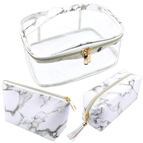Meetory 3 Pieces Waterproof Marble Cosmetic Bag, Toiletry Makeup Bag Travel Brush Organizing Storage Pouch With Handle Strap for Women/Girls/Lady