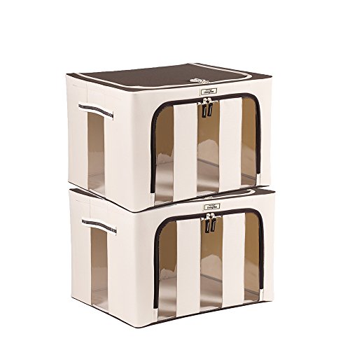 LivingBox 70 Quart/ 66 Liter Extra-Large Foldable Storage Containers Fabric with See-Through Window, Oxford Fabric Storage Bins, 2 Pack, Natural