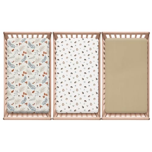 Image of PHF 3 Pack Soft Leaf&Mushroom Crib Sheets Fitted, Comfy Breathable Baby Sheets for Boys Girls, 28x52 Inches Fits Standard Crib and Toddler Mattresses, Leaf&Mushroom