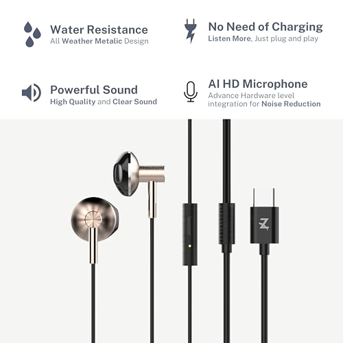 Image of Z Plus Type-C in-Ear Earphones with HD Mic, AI Noise Reduction, 14mm Dynamic Drivers for Hi-Res Audio, Tangle-Free Wired Earbuds, Comfortable Ergonomic Fit for USB-C Devices (Black)
