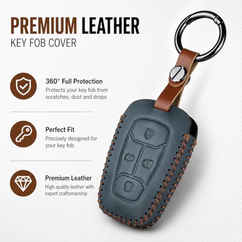 Image of JVCV Car Styling Soft Handmade Leather Key Cover Compatible with Tata Nexon Harrier Tiago EV Altroz Tigor Safari Nexon EV Punch Punch EV 4 Button Smart Key (Blue)