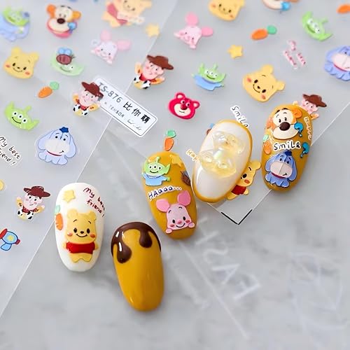 Dedyel Cartoon Nail Stickers 5D Embossed Cute Nail Art Sticker Decals + 3D Cartoon Nail Art Accessories for Women Girls Kids Nail Art Decoration