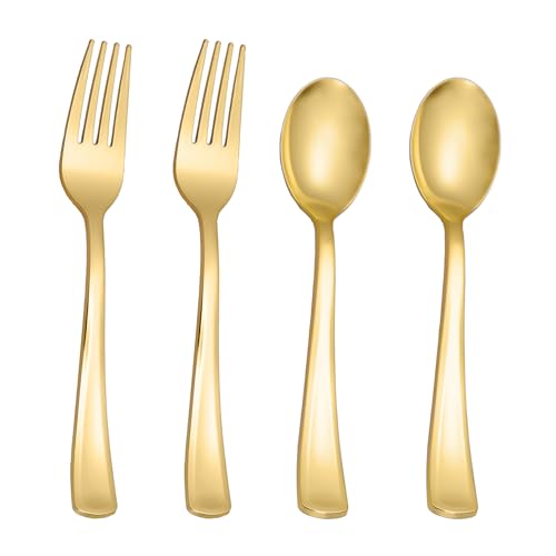 N9R 200PCS Gold Plastic Silverware Heavy Duty Disposable Cutlery Set for Parties gold forks and spoons disposable Includes 100 Spoons and 100 Forks for Wedding Birthday Dinner