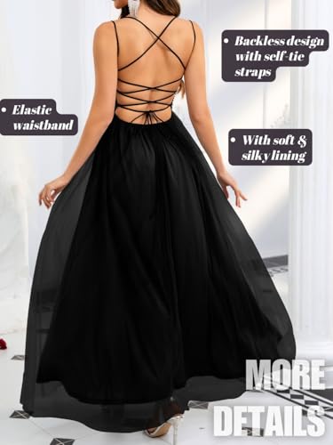 Image of ShawGobow Tulle Prom Dress with Slit,Sequin Backless Long Flowy Dresses for Women,Sexy Sparkly Outfits Homecoming Wedding
