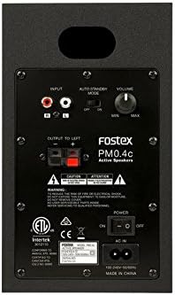Rear panel of the Fostex PM04C-B active speaker showing input, output, volume, and power controls.