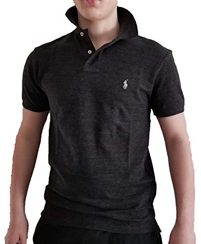 Polo Ralph Lauren Men's Slim Fit Cotton Pique Mesh Polo Shirt (Medium, Black Heather/Madeira Silver)