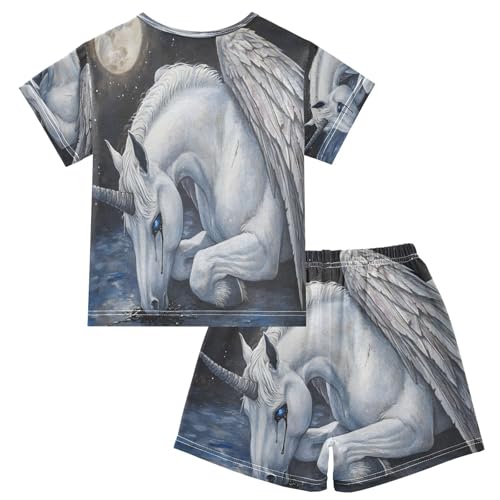 ALAZA White Horse Moon Space Pajamas Set Short Sleeve Cotton Sleepwear Summer Pjs 2 Piece 5-14Y2
