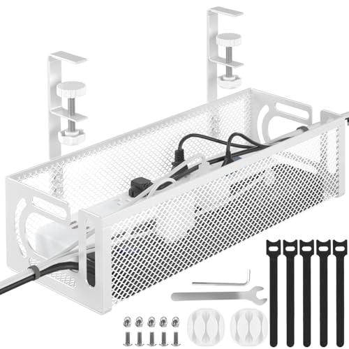 Under Desk Cable Management Tray No Drill, Metal Mesh Cable Management Under Desk with Clamp Mount, Wire Management Tray, Cord Organizer for Home Office, White Under Desk Cable Management Tray No Drill, Metal Mesh Cable Management Under Desk with Clamp Mount, Wire Management Tray, Cord Organizer for Home Office, White