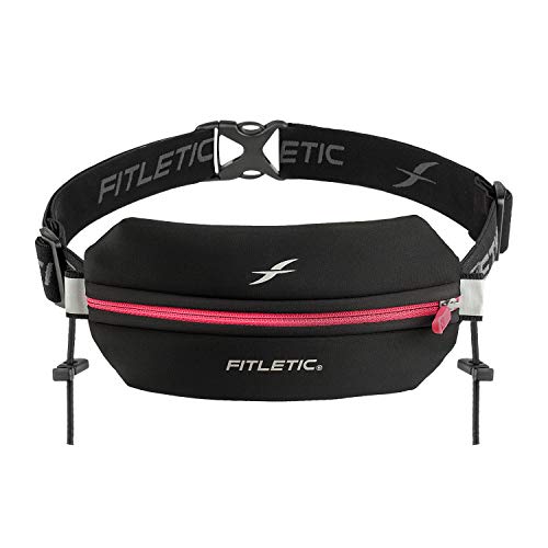Fitletic Neo Race Belt, Black & Pink | Unique No Bounce Design for Marathon, Triathlon, Trail, 5k, 10k | Womens Running Belt | N01R-08