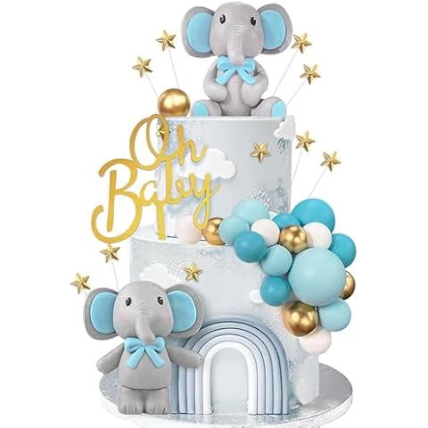 43 PCS Blue Elephant Cake Decoration Cute Baby Elephant Cake Decorations Oh Baby Cake Topper Star Cake Topper Blue Pearl Balls Cake Picks for Baby Shower Boy Elephant Theme Party Supplies Cover