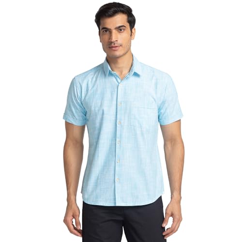 Image of Park Avenue Men's Pure Cotton Chambray Pattern Slim Fit Ainsley Collar Half Sleeve Casual Shirt