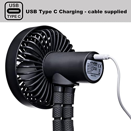 Schallen Rechargeable 4 Way Portable Lightweight Fan for Pram Fan, Car Seat, Desk, Office, Travel Fans | Clip on, Handheld, Tripod & Phone Holder (Black)