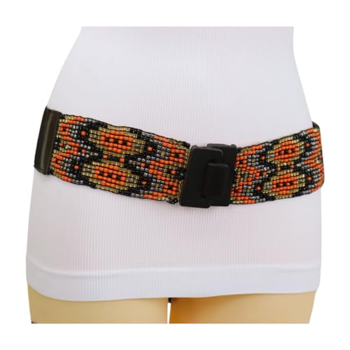 Women Ethnic Fashion Elastic Band Orange Gold Beads Belt Hip Wood Buckle S M4