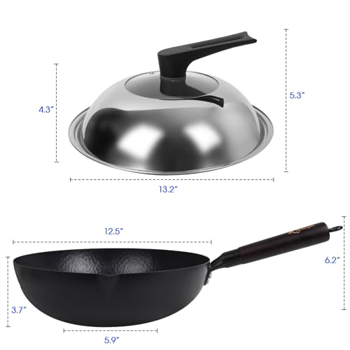 Souped Up Recipes 12.5 Inch Carbon Steel Wok for Electric, Induction and Gas Stoves (Lid, Spatula and User Guide Video Included)