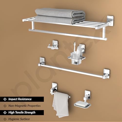 Image of Plantex Stainless Steel 304 Grade Towel Rack with Stainless Steel 304 Grade Darcy Bathroom Accessories Set 5pcs (Towel Rod /Napkin Ring /Tumbler Holder /Soap Dish /Robe Hook)