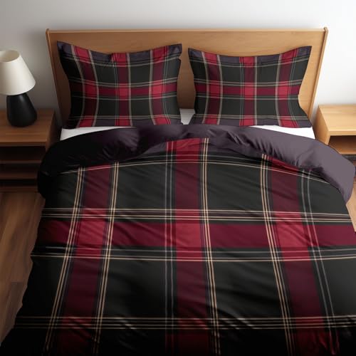 Juego de Funda Nórdica Estampado de Textura de Cuadrados A Cuadros Negros y Rojos 135 x 200 cm, con Cierre de Cremallera, para Niñas Niños y Adolescentes, Juego de Funda Nórdica con Marrón Oscuro