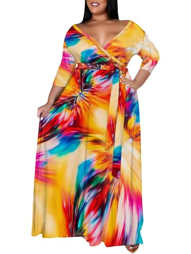 Image of SUZONANA Plus Size Maxi Dresses for Curcy Women Casual Loose 3 /4 Sleeve Long Dress with Belt