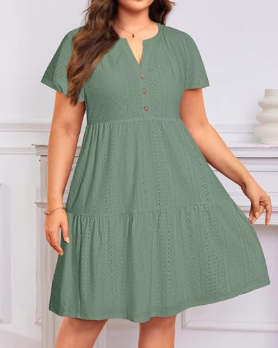 Image of Plus Size Summer Dress Casual Short Sleeve Button Midi Sun Dresses Women