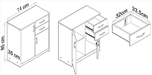 MATKAM Schlafzimmer Kommode mit Schubladen und Türen - Sideboard Wohnzimmer H:85xB:74xT:35 cm - Komode mit 2 Schubladen und 2 Türen - Komodenschrank für Schlafzimmer - Sonoma Eiche