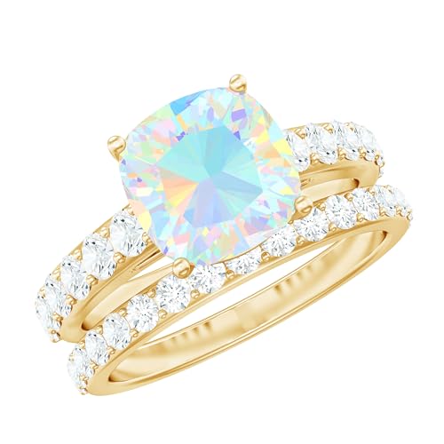 Certified Opal Wedding Ring Set, AAA Quality, Natural 8mm Cushion Cut Opal Engagement Ring with Moissanite Enhancer