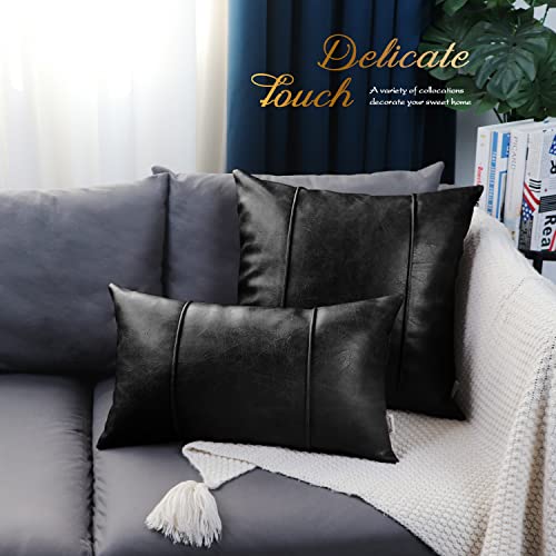 Image of BRAWARM Black Leather Throw Pillow Covers 18 X 18 Inches - Faux Leather Pillow Cover with Piping, Hand Stitched Faux Leather Throw Pillow for Couch Sofa Bed Living Room Home Decorative