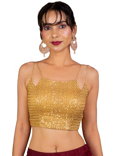 Image of FIGURE'S DESIGNER Women's Spagehtti Neck Strap Sequin Embroidered Sleeveless Readymade Saree Blouse E22