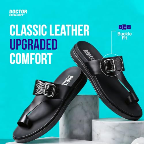Image of DOCTOR EXTRA SOFT Men's Classic Casual Original Leather Thong Black /Brown Sandals /Chappals with Memory Foam Cushion| Stylish & Non-Slip|Comfortable | Lightweight |Flip flops Slippers Gents & Boys F-1