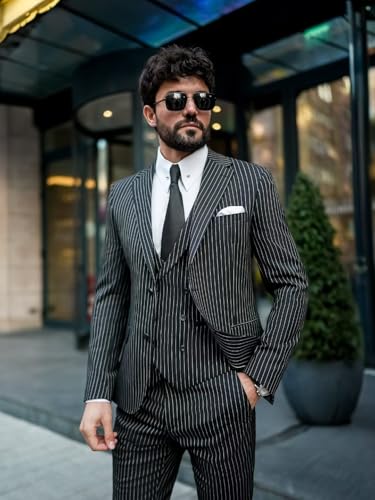 Men 3 Piece Pinstripe Suit Double Breasted Suit Vest Notched Lapel Wedding Party Blazer Vest & Pants Set2