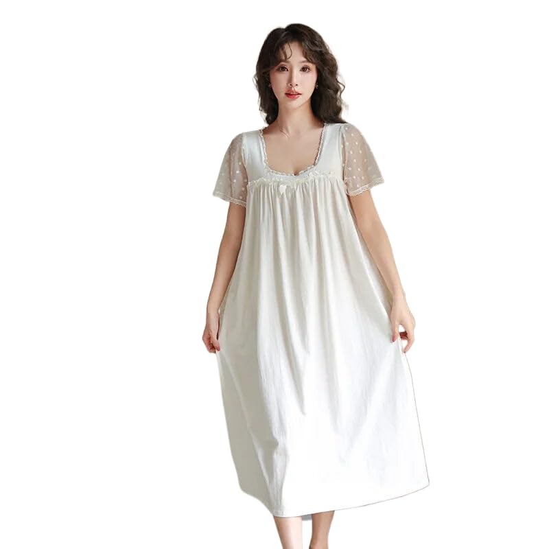 OFFSUM Camisón De Pijama De Mujer - Verano Suave Algodón Cuello Cuadrado Dulce Encaje Bordado Ropa De Dormir Princesa Estilo Palaciego Temperamento Albornoz Lencería