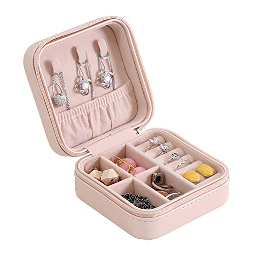 Smartcoco Portable Jewelry Box with Zipper PU Single Layer Stud Earring Ring Jewelry Storage Organizer Travel Case (Naked Pink)