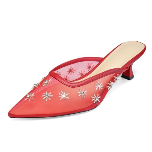 Women Kitten Heel Mules Crystal Flower Decor Mesh Pointed Toe Low Heel Casual Pumps