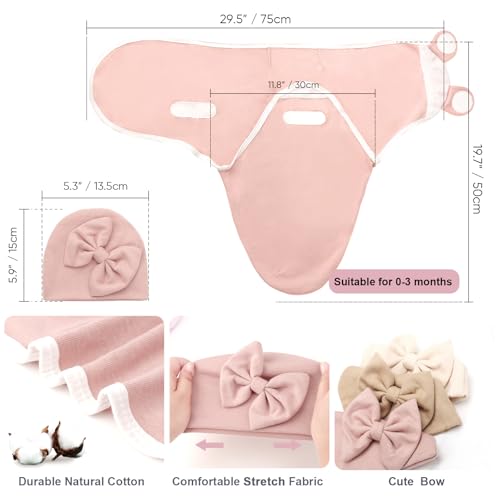 Image of AQOKKA Baby Swaddle Sleep Sacks with Big Bow Hats Cotton Adjustable Swaddle Blankets Wrap Nursery Swaddles for Newborns Boy Girl Infant 0-3 Months