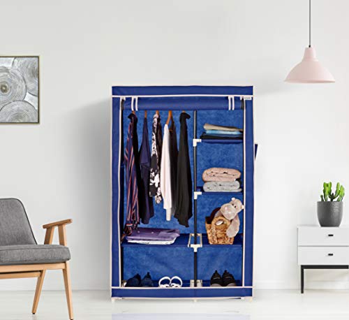 Image of Amazon Brand - Solimo Steel and Non Woven 1-Door Foldable Wardrobe with 6 Racks (Blue)