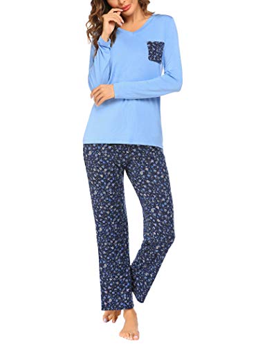 Hotouch Pajamas for Women 2-Piece Warm and Cozy Flannel Pj Set Loungewear Lounge Sets Sleepwear Light Blue M