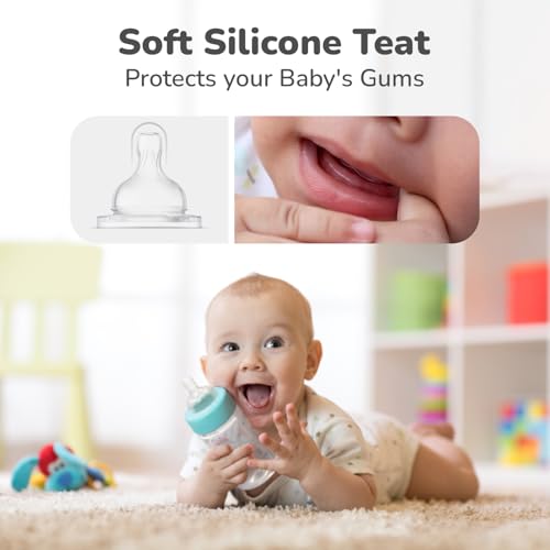 R for Rabbit First Feed 240 ml Baby Feeding Glass Bottle with Anti-Colic Wide Neck, BPA Free Soft Silicone Nipple, Milk Feeder for New Born/Infants/Toddler Kids of 6+ Months (Sea Green)