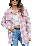 Blooming Jelly Women's Button Down Flannel Shirts Plaid Shacket Long Sleeve Collared Business Casual Tops Work Blouses (Medium, Pink Plaid)