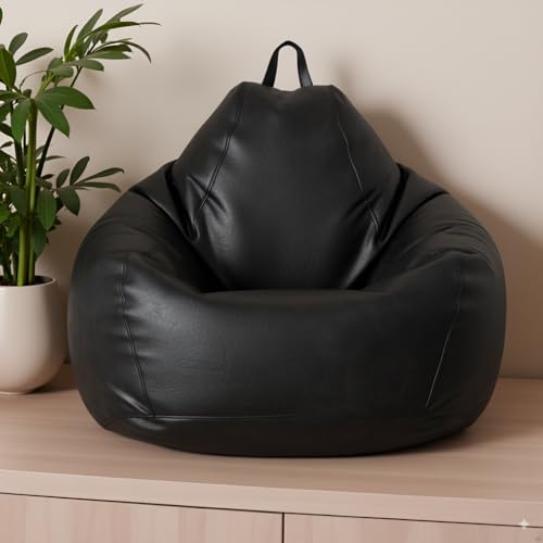 Image of 5XL Premium Leatherette Bean Bag with Rectangular Footrest & Cushion | High Density EPS Beans Filled | Teardrop Shape with Handle | 6 Months Warranty (Black, 5XL Single, Solid)
