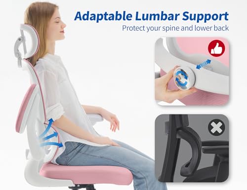 Image of TRALT Ergonomic Office Chair - Desk Chair with Adjustable Headrest Lumbar Support Computer Chair - Mesh Comfy Chair with Flip-up Armrests - Gaming Chairs for Adults Home Office (Leather, Pink)