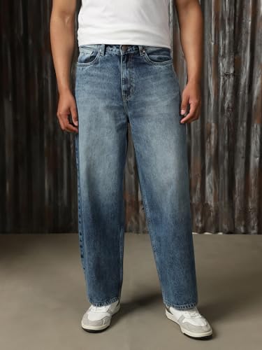 Image of High Star Men Cotton Washed Loose Fit Casual Mid-Rise Jeans
