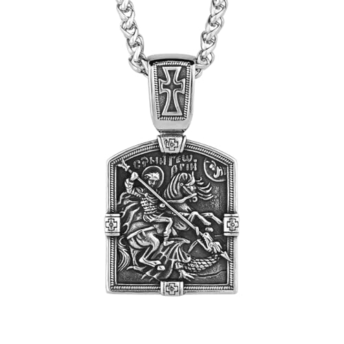 LOBON Christian Necklace Stainless Steel Saint George Pendant for Men Women Religious Talisman Necklace Jewelry (2.8 x 1.6 in, 2.58 oz)