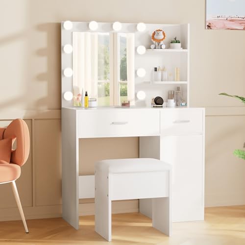 Image of LIVELYGLOW Small Makeup Vanity Stool,15.7 inch W x 10.2 inch D x 16.7 inch H，White（Easy Assembly,PU Cushion Mat, Footstool）