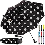 GORILLA GRIP Strong Windproof Stick Compact Umbrella for Rain, One-Click Automatic Open and Close, Durable Quick Dry Waterproof Material, Lightweight and Portable, Travel Size Fits Backpack Polka Dots