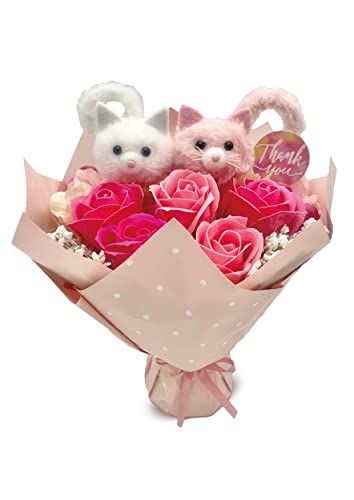 ［ 2023年 mamawreath ］ 母の日ギフト フラワーギフト ソープフラワー 花束 猫 ネコ ピンク色 サイズ： 高さ 約28㎝ 幅 約23㎝ 奥行き 約25㎝ (ツインソープブーケ ふわネコ２HZD-9318C)のサムネイル