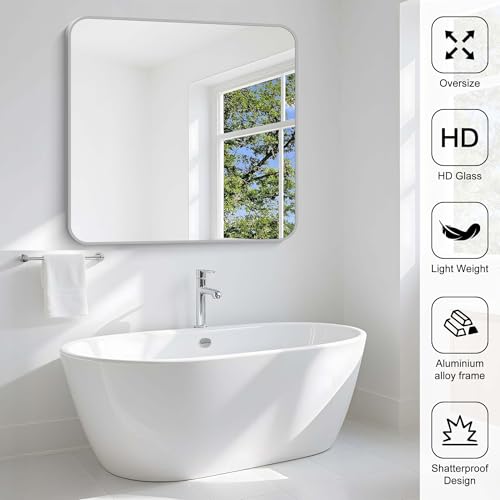 Image of Silver Bathroom Mirror, 42 x 42 Inch Silver Square Mirror, Metal Framed Rectangular Vanity Mirror, Rounded Corner Wall Mounted Mirror for Living Room Bedroom Entryway Hangs Horizontal /Vertical