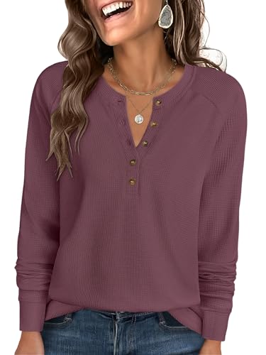 ANRABESS Women's Long Sleeve Waffle Knit Shirts Dressy Casual Loose Button Up V Neck Henley Tops 2025 Fall Basic Tee Blouse Mauve Small
