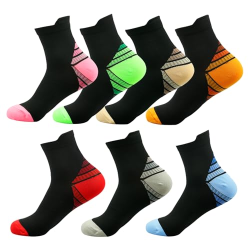 Shengxi 7 Paare Kompressionssocken für Damen Herren, Sport Kompressionsstrümpfe Kurz Sommer Compression Socks für Wandern Joggen Laufen (DE/NL/SE/PL, Alphanumerisch, M, Regular, Regular, 7 Farben)