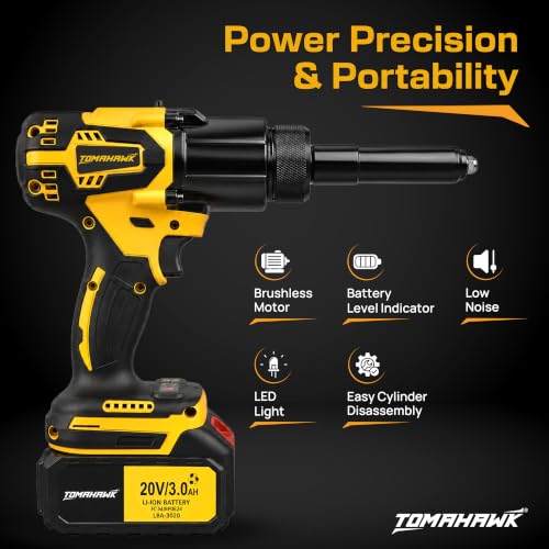 Image of Tomahawk TCR-4187 20V Cordless Riveter /Rivet Gun | 2100 LBF Pull Force | 0-500 RPM Variable Speed | Tool-Free Nose Change & LED | Dual 20V 3.0Ah Batteries | Automotive & Sheet-Metal Rivet Tool